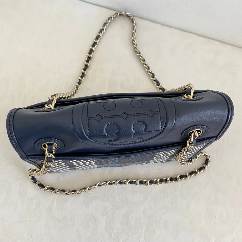 Tory Burch navy woven chain strap bag